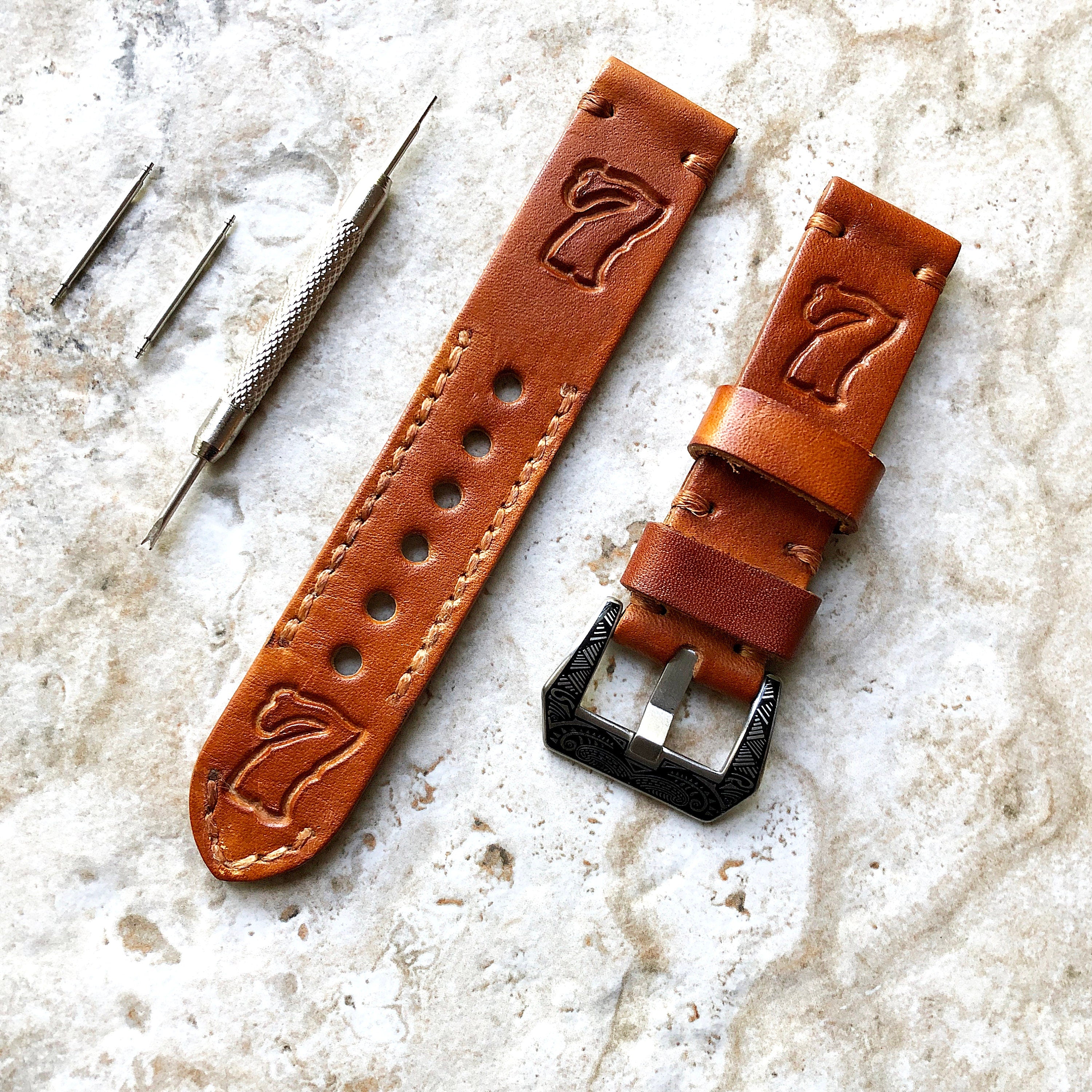 Handmade Customizable Band 22mm 24mm 25mm Medium Brown Genuine Leather Tooled Embossed Strap Bracelet Kit for Watches - Pins Buckle Tool